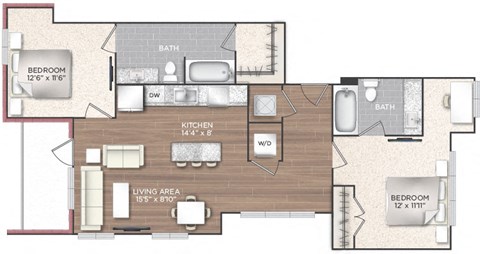 Floor plan for 2 beds, 2 baths, 1077 sqft